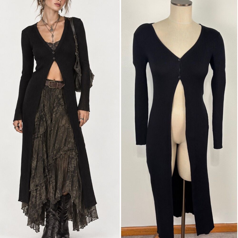 Hippie Rose Womens XS Black Ribbed Knit Maxi Longline Duster Cardigan V-Neck